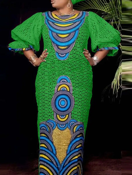 Vonda Women Maxi Dress Summer Puff Sleeve Printed