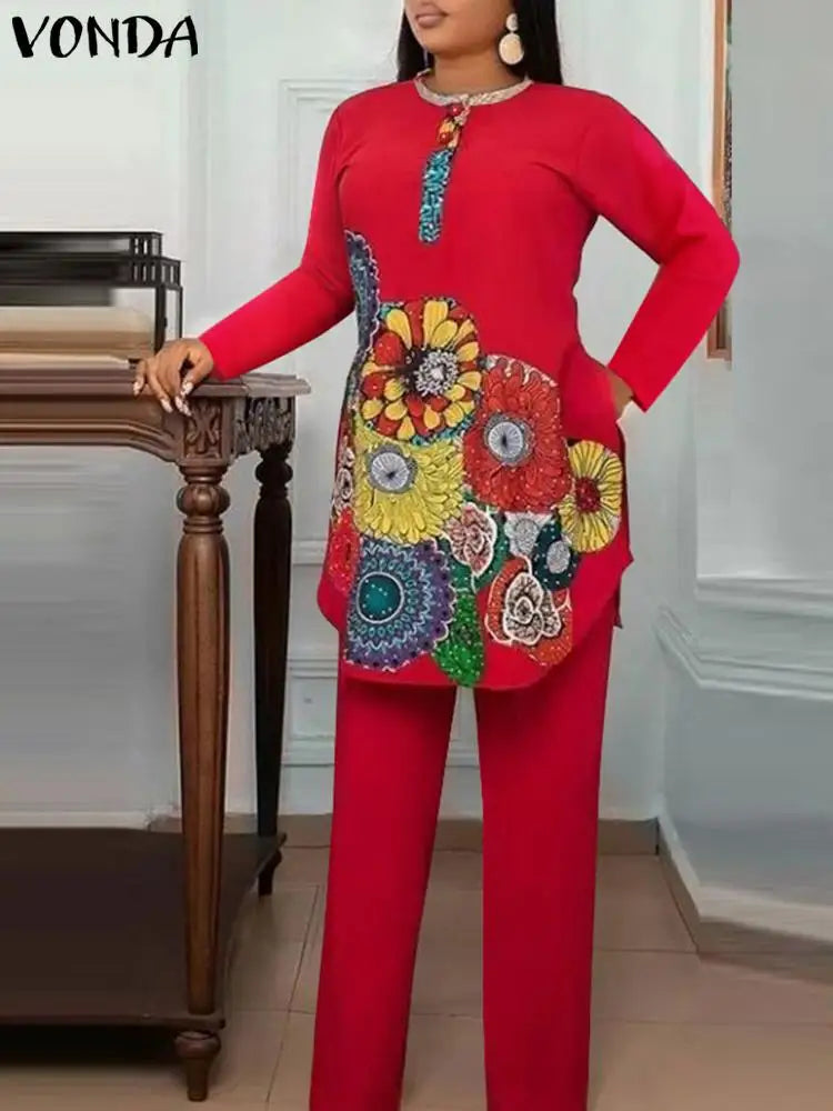 Vonda Women Pant Sets Autumn Vintage Matching Sets