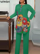 Vonda Women Pant Sets Autumn Vintage Matching Sets