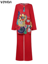 Vonda Women Pant Sets Autumn Vintage Matching Sets