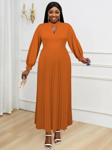 Women Brown Maxi Pleated Party Dress Long Lantern