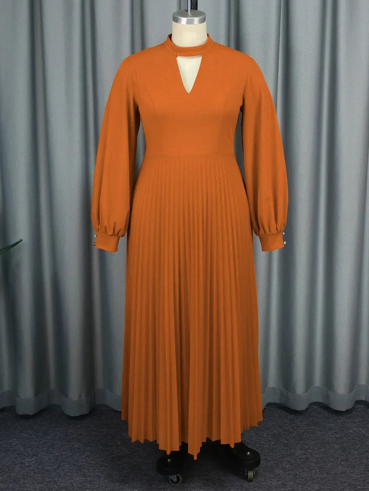 Women Brown Maxi Pleated Party Dress Long Lantern