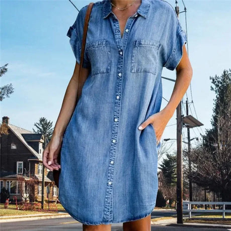 Women Denim Shirt Dresses Short Sleeve Distressed Jean