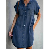 Women Denim Shirt Dresses Short Sleeve Distressed Jean