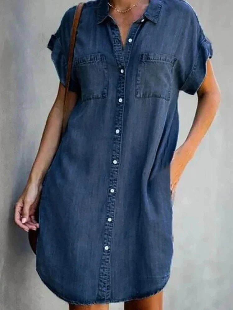 Women Denim Shirt Dresses Short Sleeve Distressed Jean