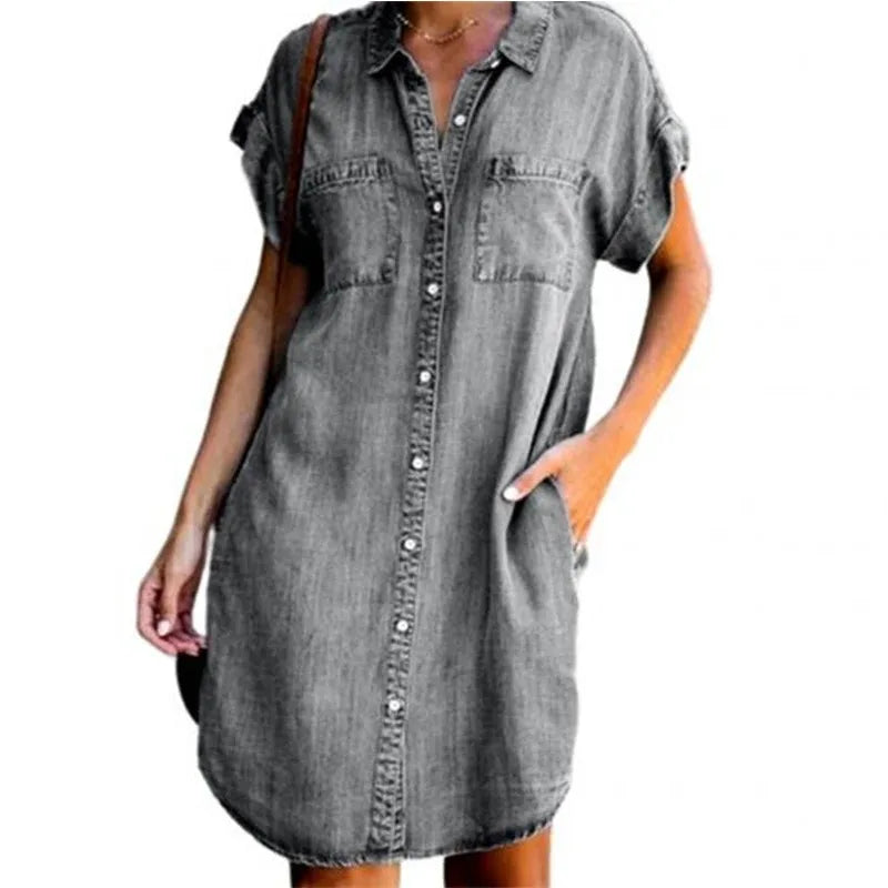 Women Denim Shirt Dresses Short Sleeve Distressed Jean