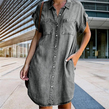 Women Denim Shirt Dresses Short Sleeve Distressed Jean