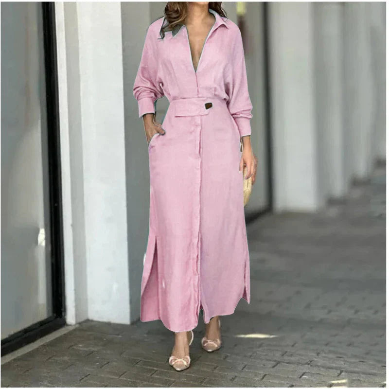 Women Dress Elegant Solid Casual V Neck Long