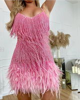 Women Sequins Tassel Feather Dress Autumn Winter Sexy