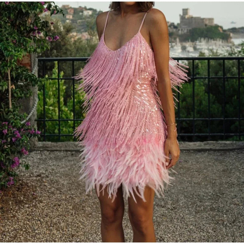 Women Sequins Tassel Feather Dress Autumn Winter Sexy