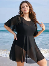 Womens Swimwear Solid Mesh Patchwork Ruffle Sleeve Swim