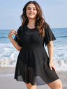 Womens Swimwear Solid Mesh Patchwork Ruffle Sleeve Swim