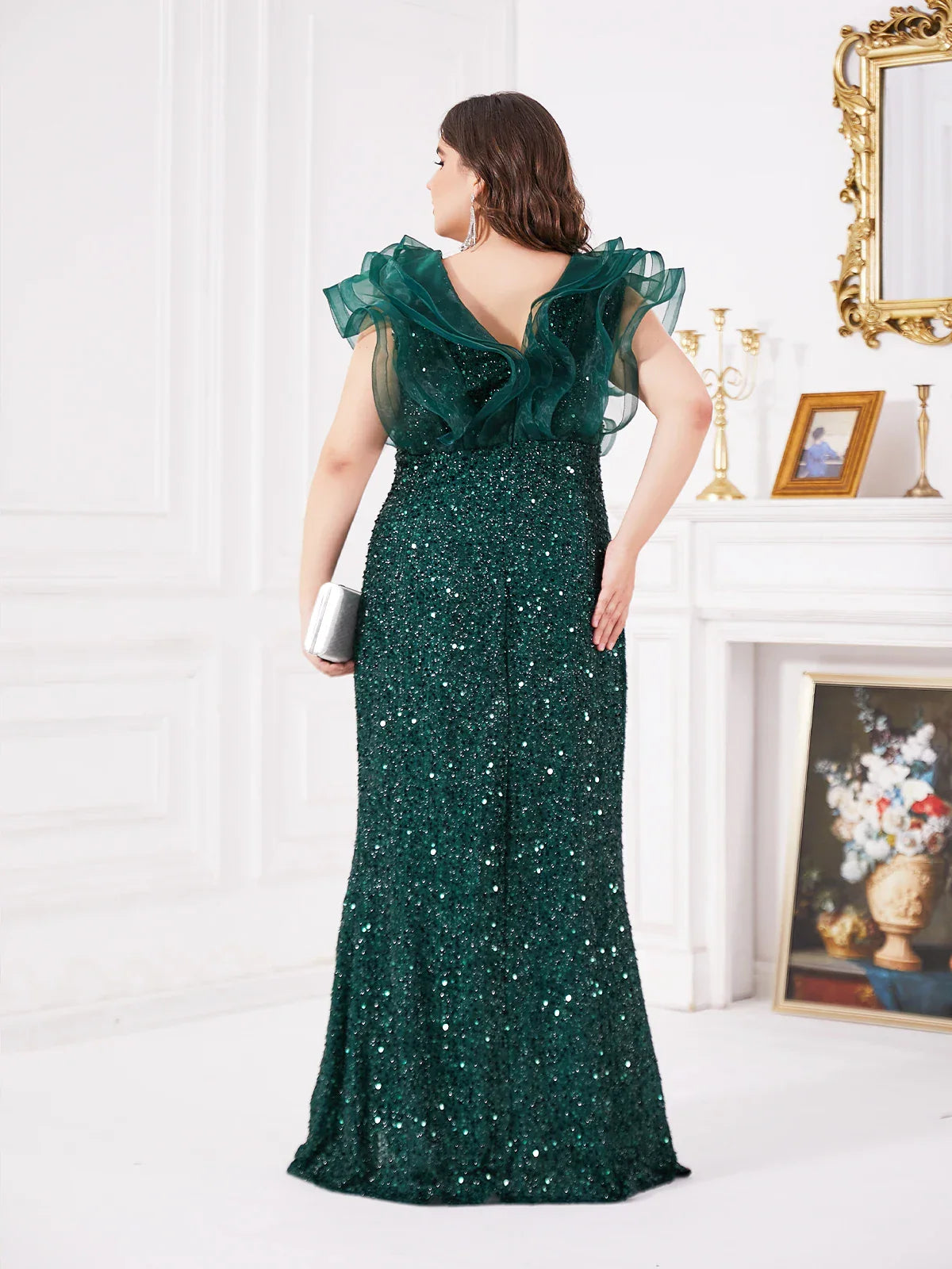 Plusee Female Dresses V-Neck Tiered Sleeve Sexy Slit