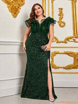 Plusee Female Dresses V-Neck Tiered Sleeve Sexy Slit