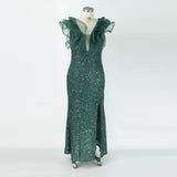 Plusee Female Dresses V-Neck Tiered Sleeve Sexy Slit