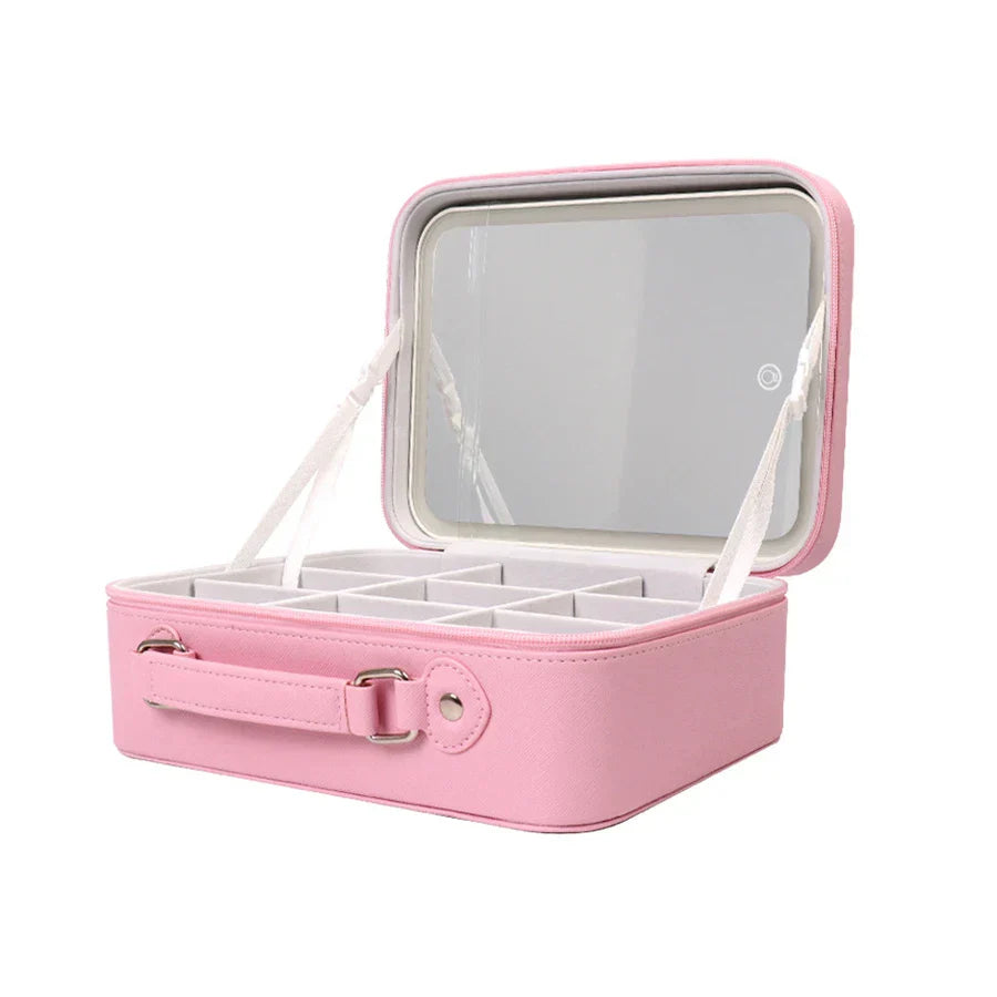 Portable LED Makeup Mirror & Travel Cosmetic Case in PU Leather