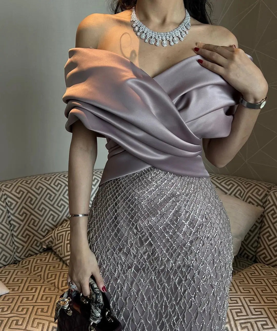 V-Neck Off-Shoulder Prom Dress - Luxury Evening Gown with Beads