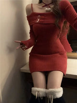 Qweek Knit Knitted Sweater Bodycon Dress Slim Wrap