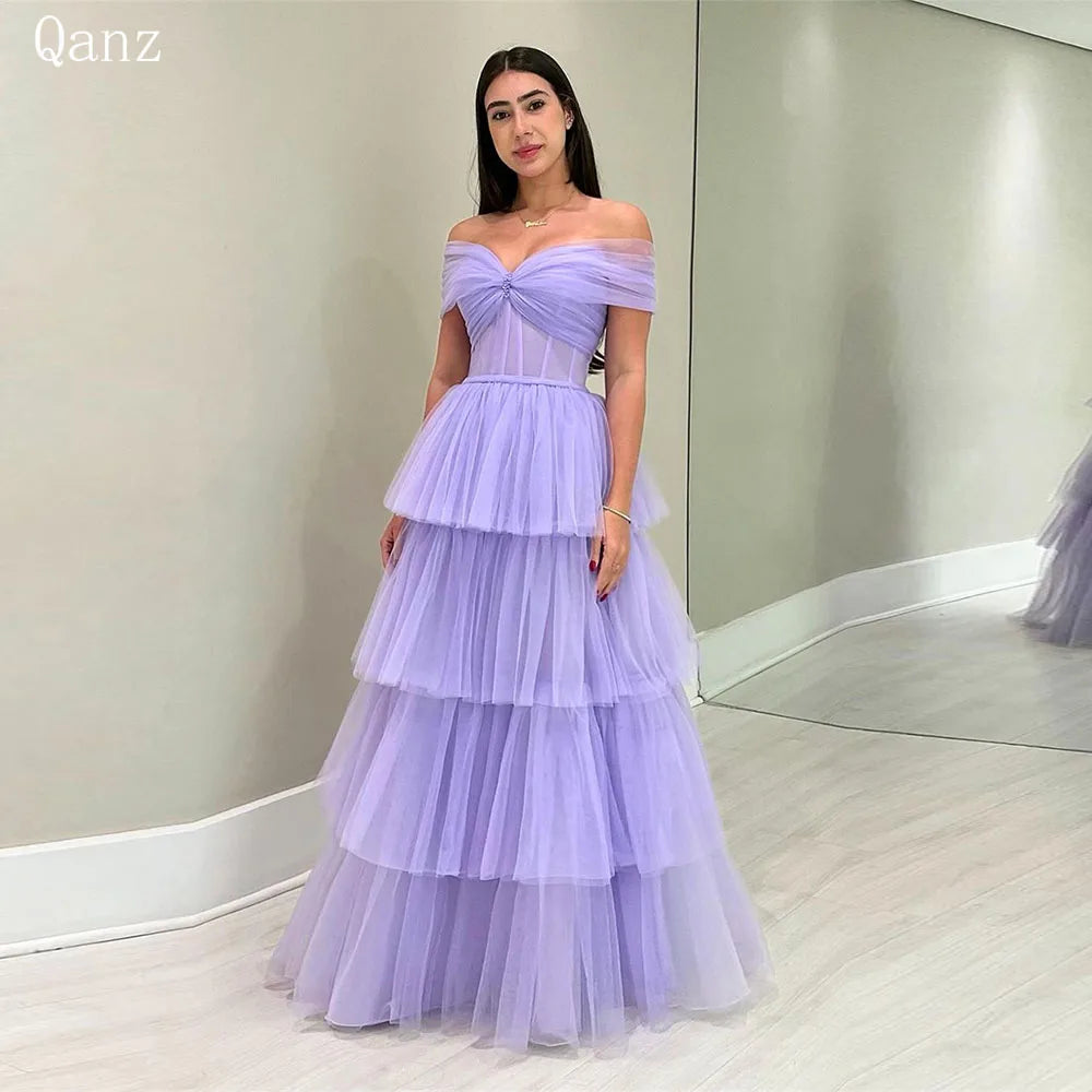 Qanz Lilac Tulle Evening Dresses Off The Shoulder