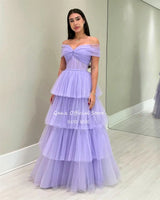 Qanz Lilac Tulle Evening Dresses Off The Shoulder