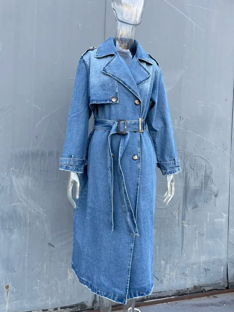 Rr2418 X-Long Denim Trench Coats For Women Belt