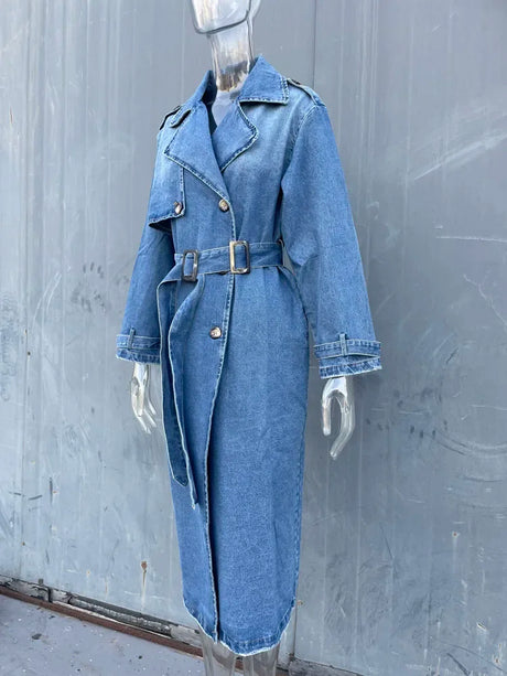 Rr2418 X-Long Denim Trench Coats For Women Belt