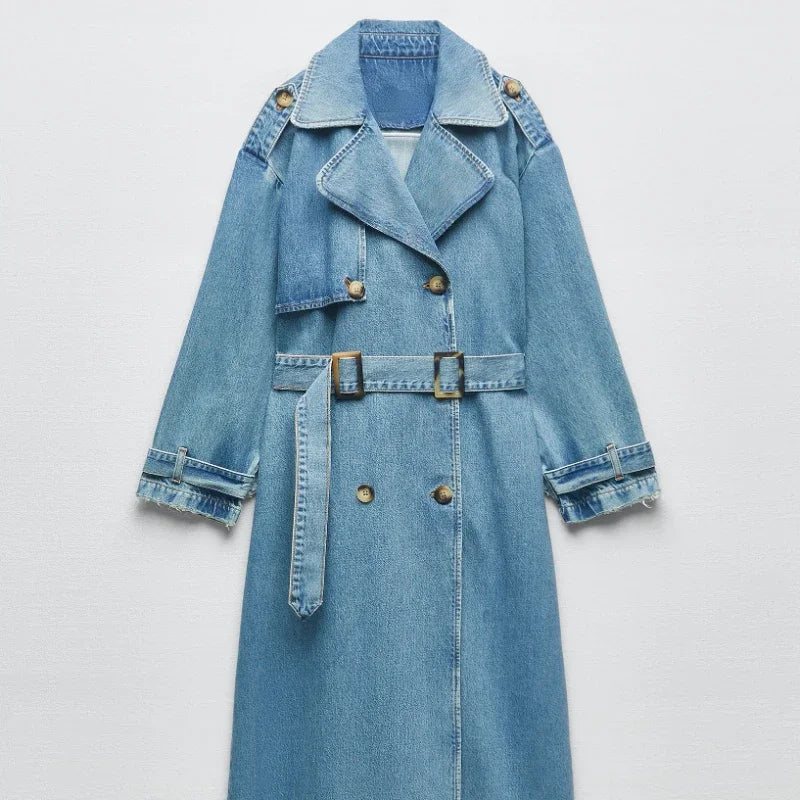 Rr2418 X-Long Denim Trench Coats For Women Belt