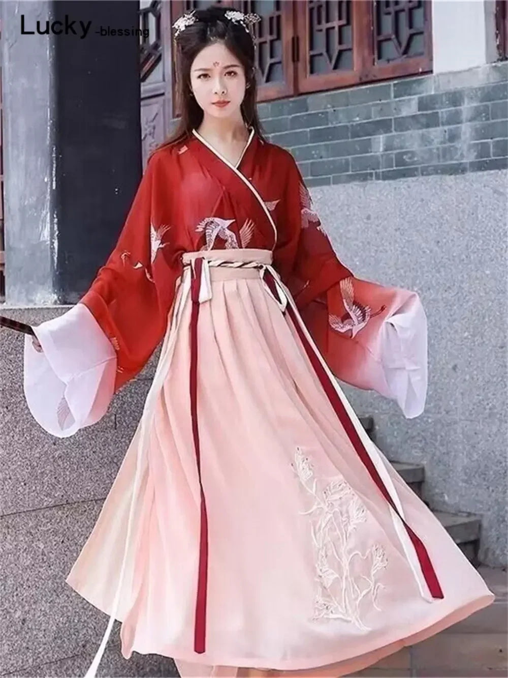 Retro Chinese Style Red Vestido Hanfu Dress Asian