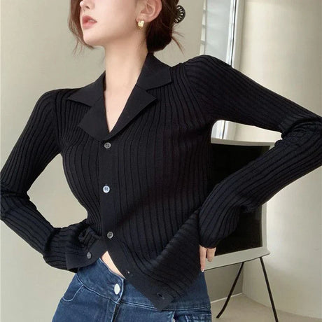 Rimocy Black Knit V Neck Cardigan Women Korean