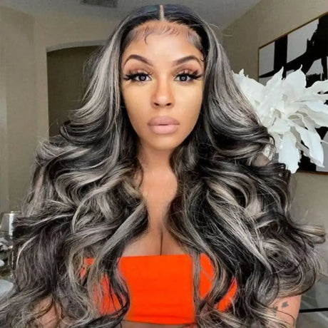 Human Hair Body Wave Highlight Wigs Black With