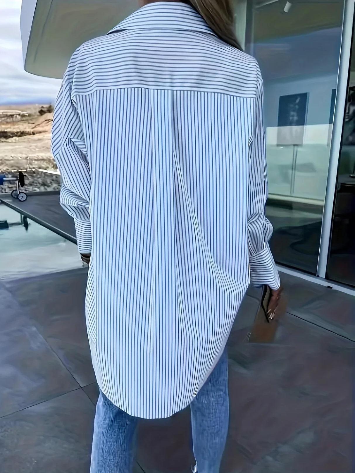 Women Asymmetric Striped Long Sleeve Shirt Blouse