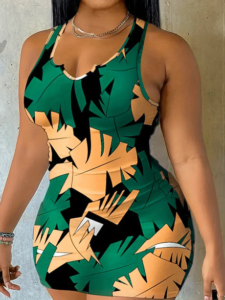 Leaf Print Sexy Slim-Fit Cami Dress Streetwear