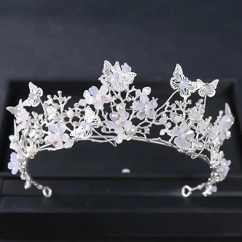 Handmade Bridal Pearl Rhinestone Crown Tiara Butterfly Floral