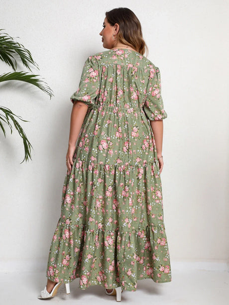 Floral Print Half Sleeve Split Hem Maxi V