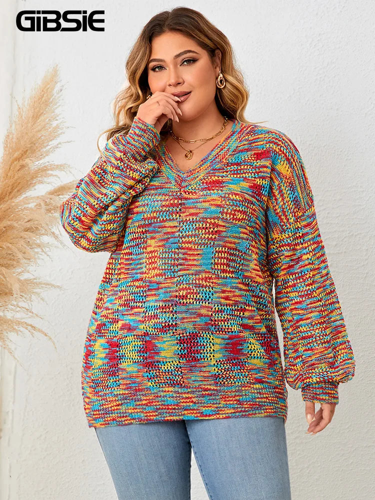 Gibsie Lantern Sleeve V Neck Rainbow Sweater Women