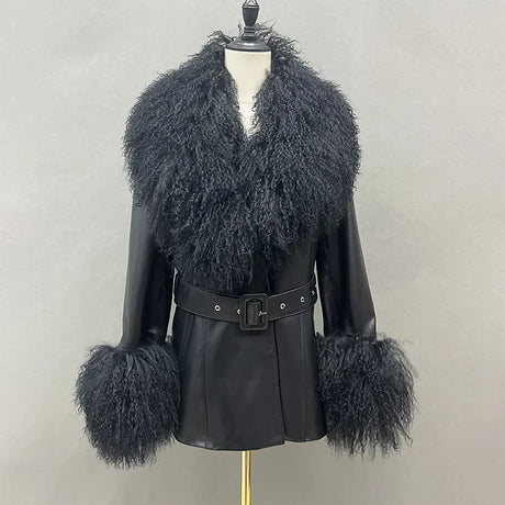 Lady Natural Mongolian Fur Leather Jacket Real Sheepskin