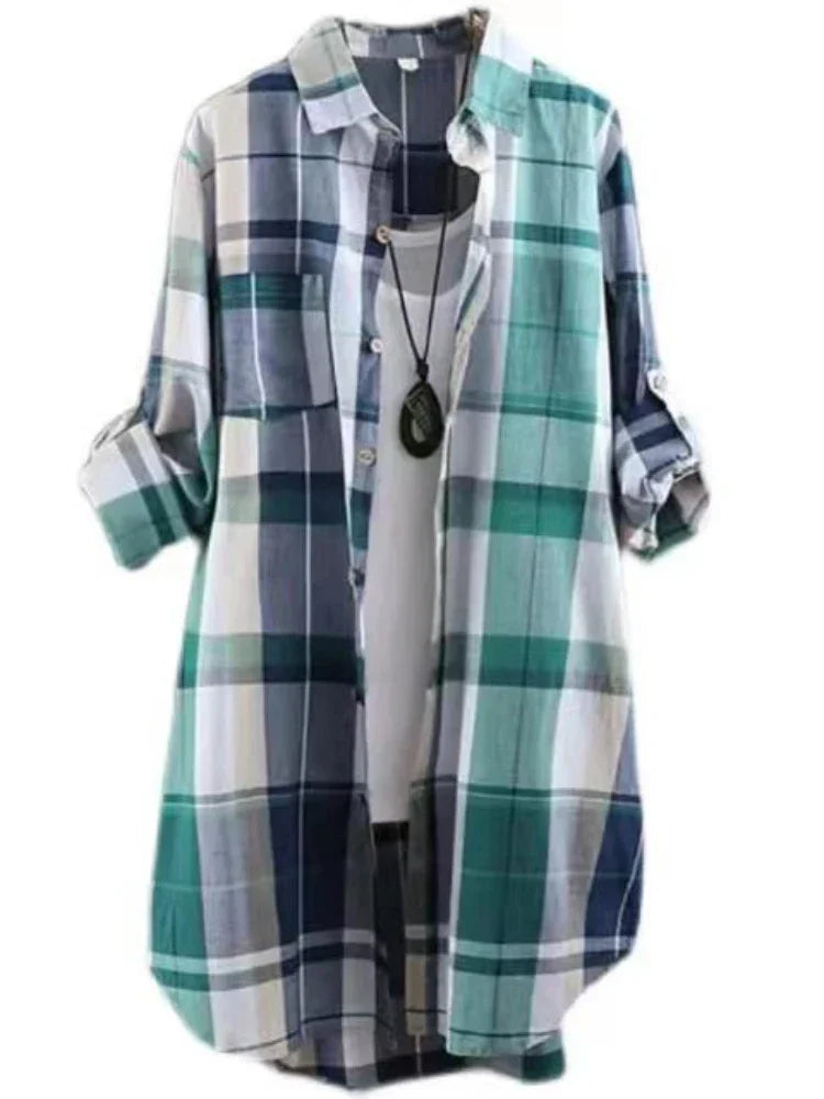 Cotton Mid Length Plaid Print Women Autumn Shirts