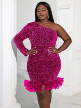Party Dresses Sequin One Shoulder Long Sleeve Velvet
