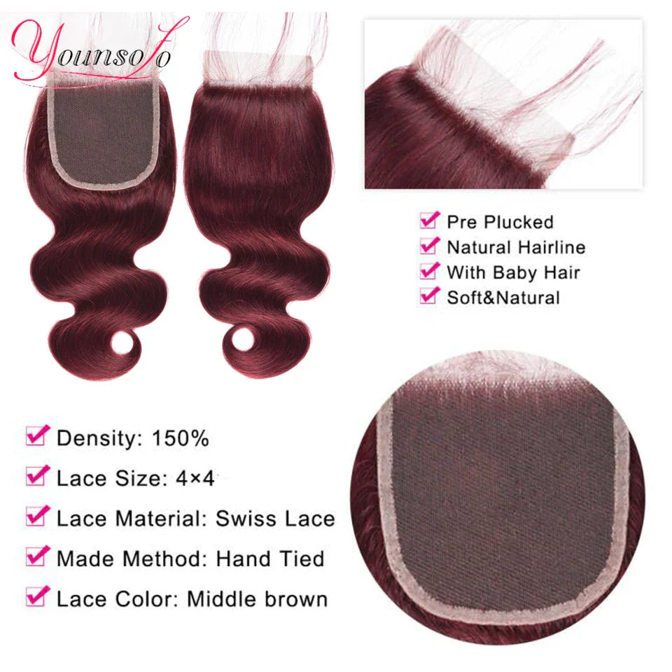 Burgundy Human Hair Bundles With Closure J Body