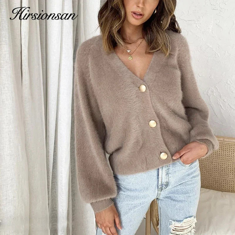 Hirsionsan Elegant Long Sleeve Mohair Sweater Women New