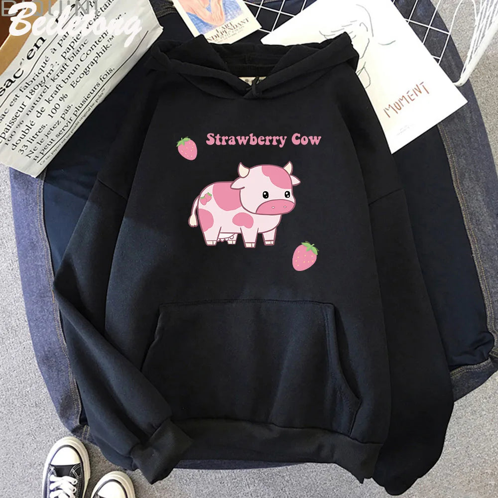 Cow And Strawberry Kawaii Women Hoodies Casual Pullover