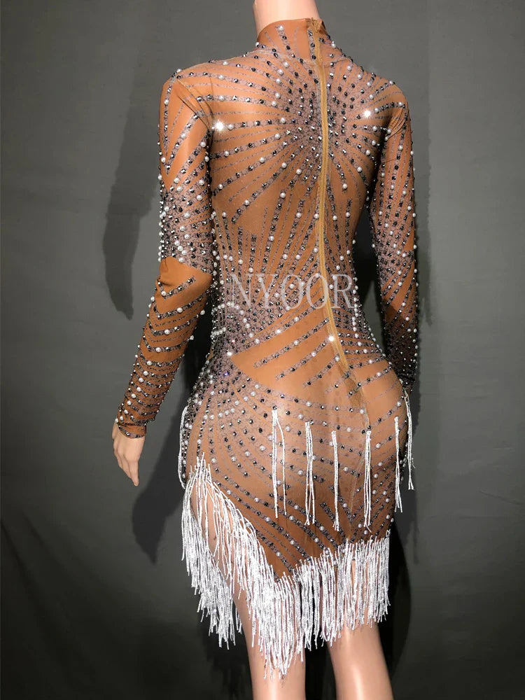 Sparkly Rhinestones Pearls White Fringe High Neck Mesh