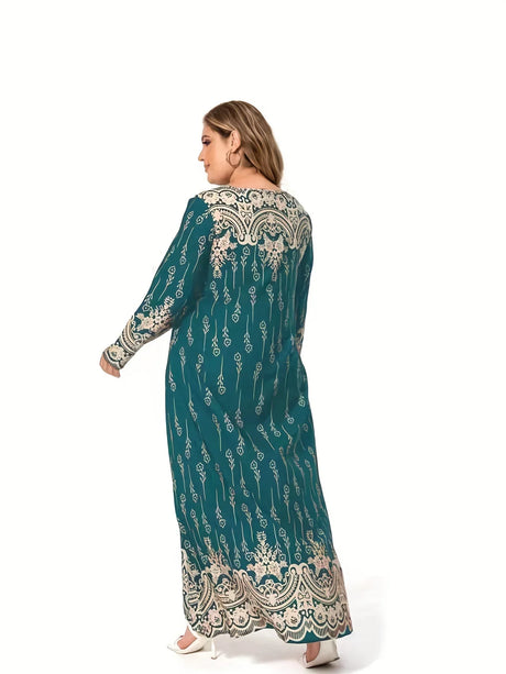 Plus Size Ethnic Print Long Dress - Spring & Summer Round Neck