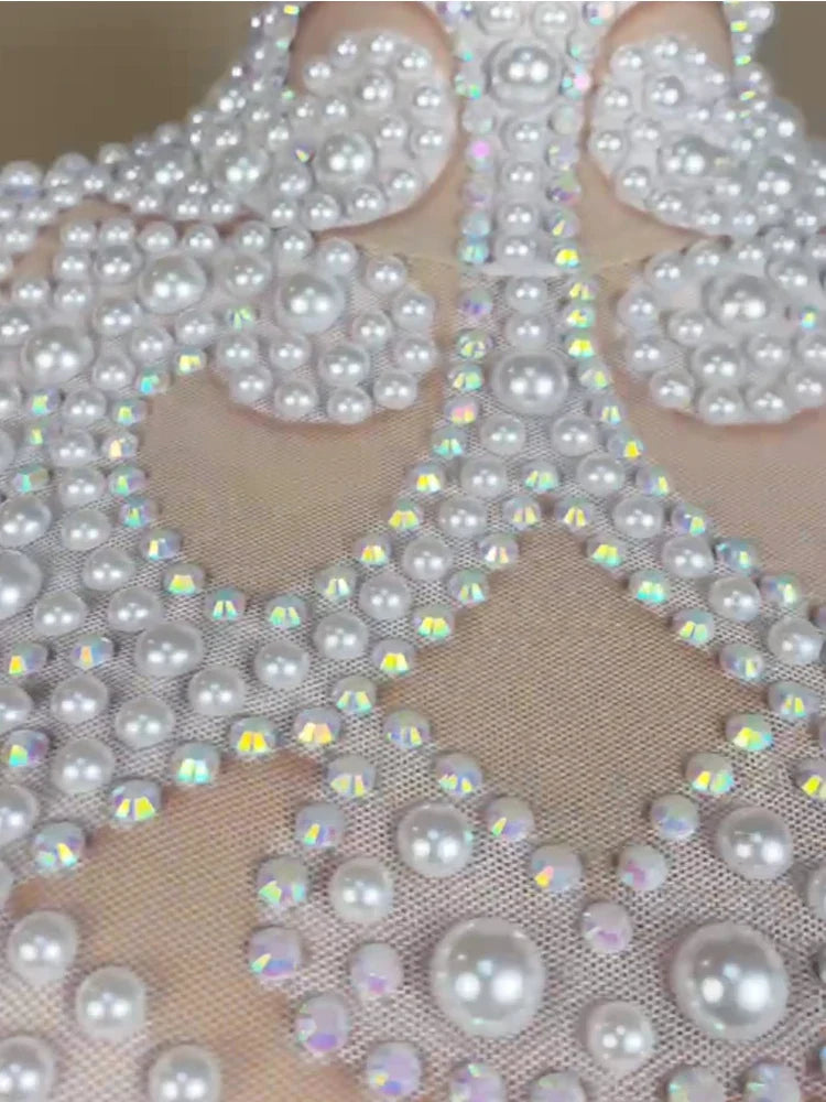 Luxury White Pearls Long Sleeves Women Bodysuit Transparent