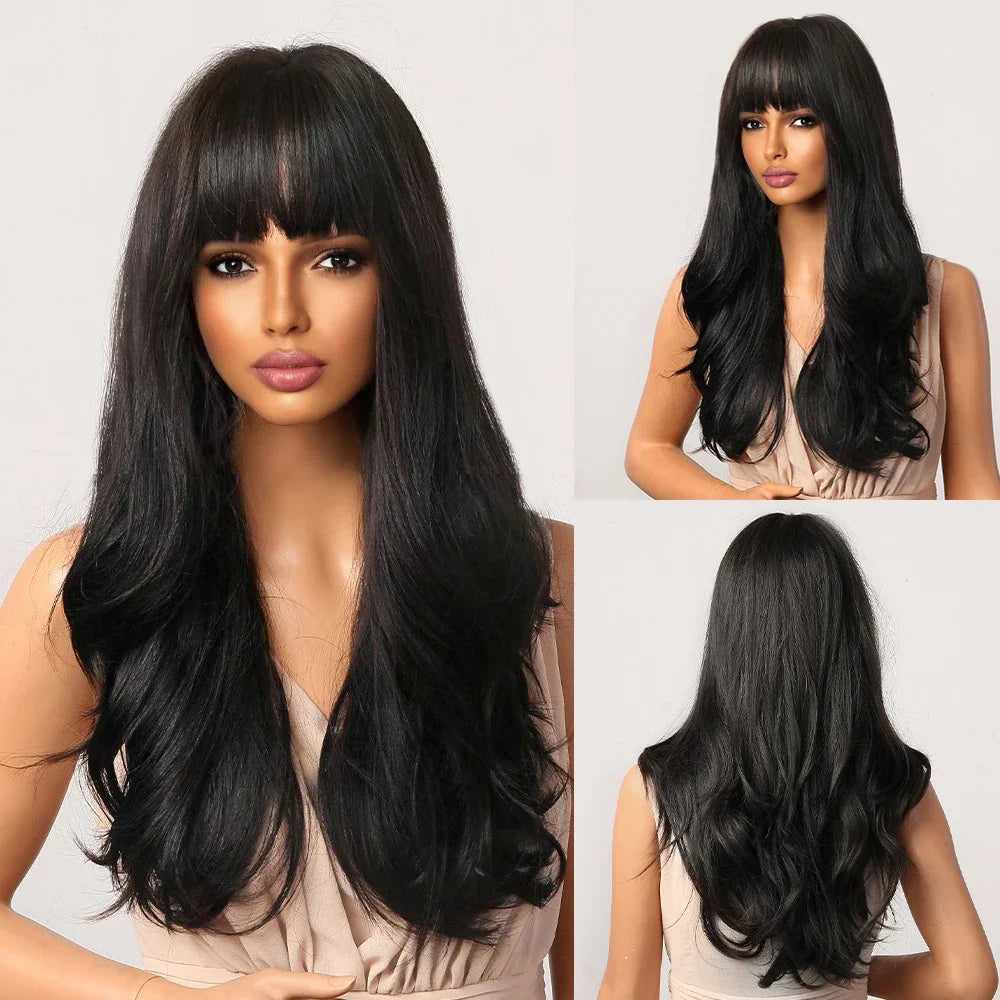 Copper Ginger Brown Wigs With Bangs Natural Synthetic