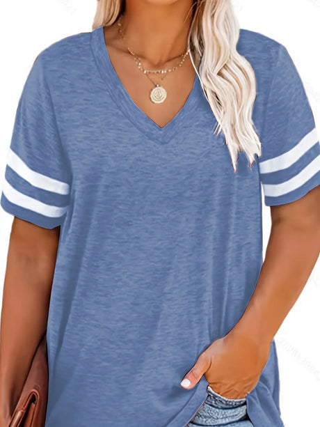 Colorblock V Neck T-Shirt, Women' Plus Slight Stretch