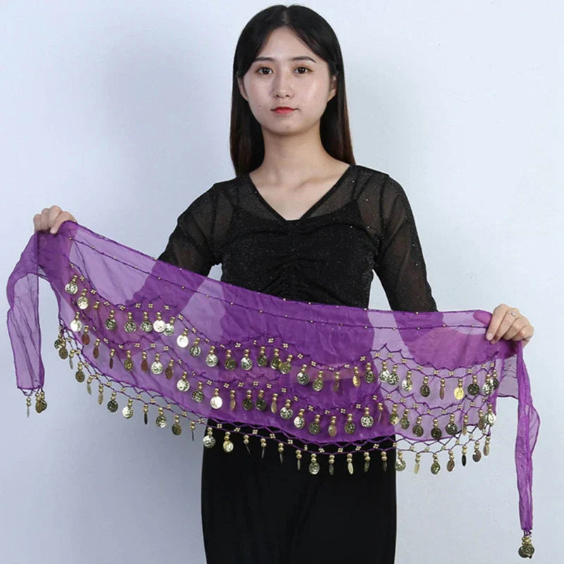 Sexy Women Belly Dance Chiffon Skirt Gold Sequins