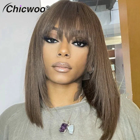 Ash Brown Short Bob Wig With Bangs Colored