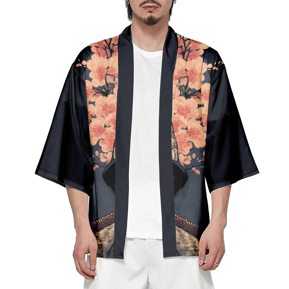 Japanese Sakura Cat Samurai Print Kimono Streetwear Men