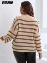 Gibsie Drop Shoulder Button Detail Striped O-Neck Sweater